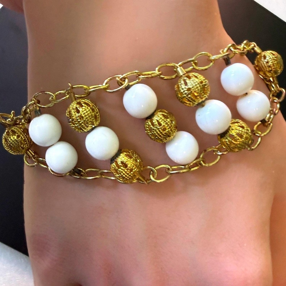 Vintage Bracelet White Glass Beads Gold Filigree Multi Strand Toggle
